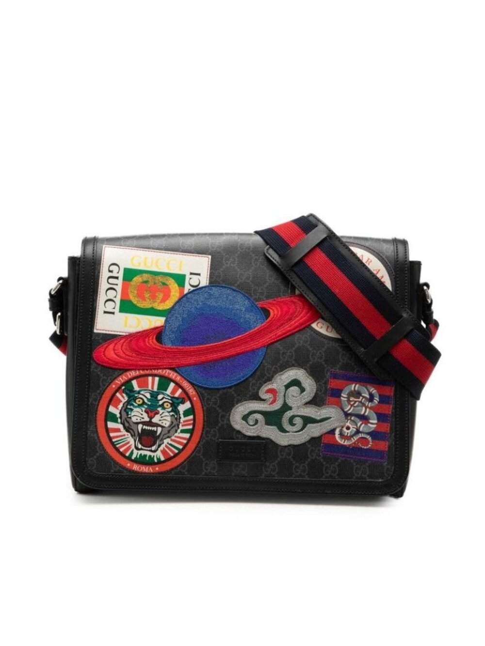 Gucci GG Supreme Courier Crossbody Shoulder Bag Black Gray Leather